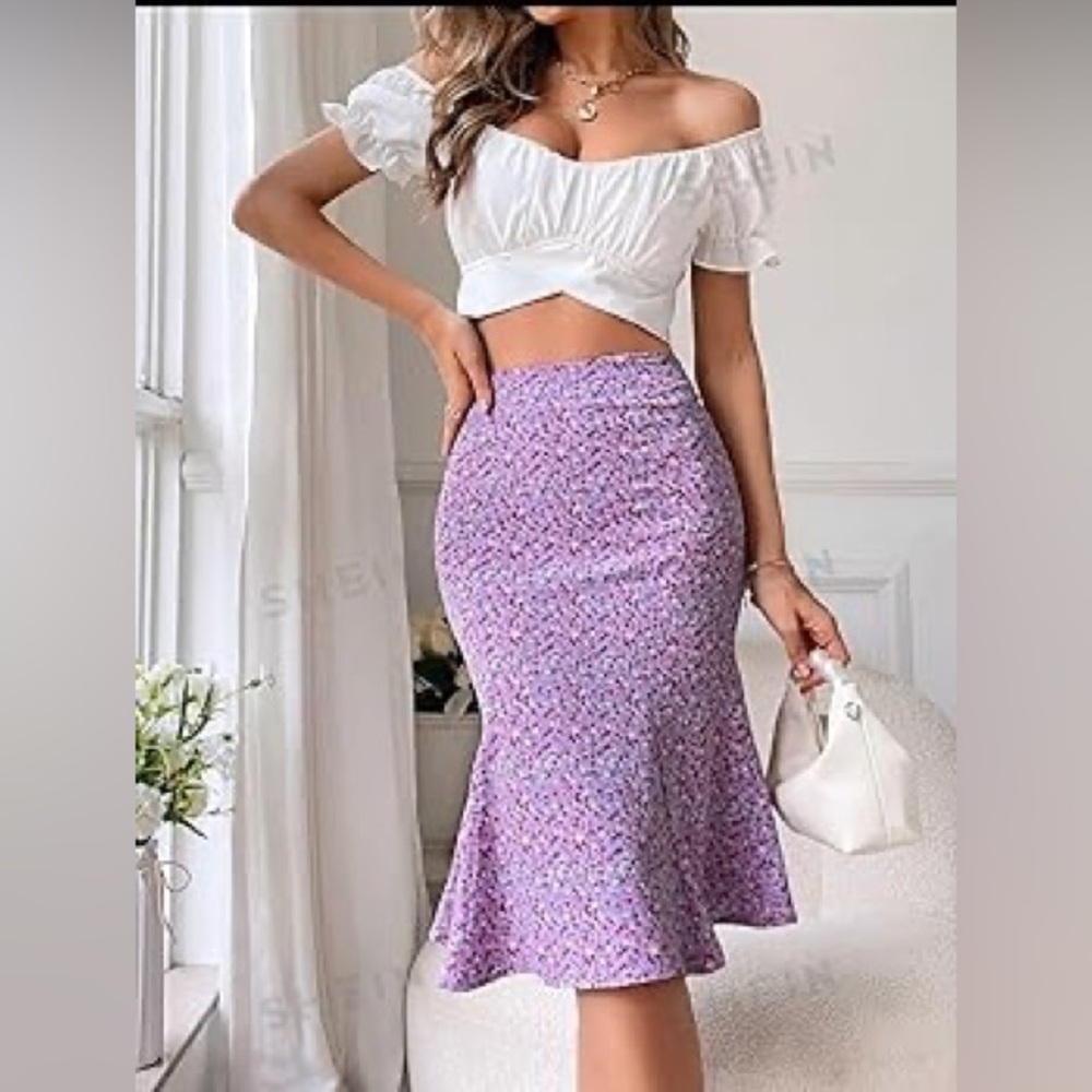 SHEIN Purple Ditsy Floral Midi Flaired mermaid hem skirt